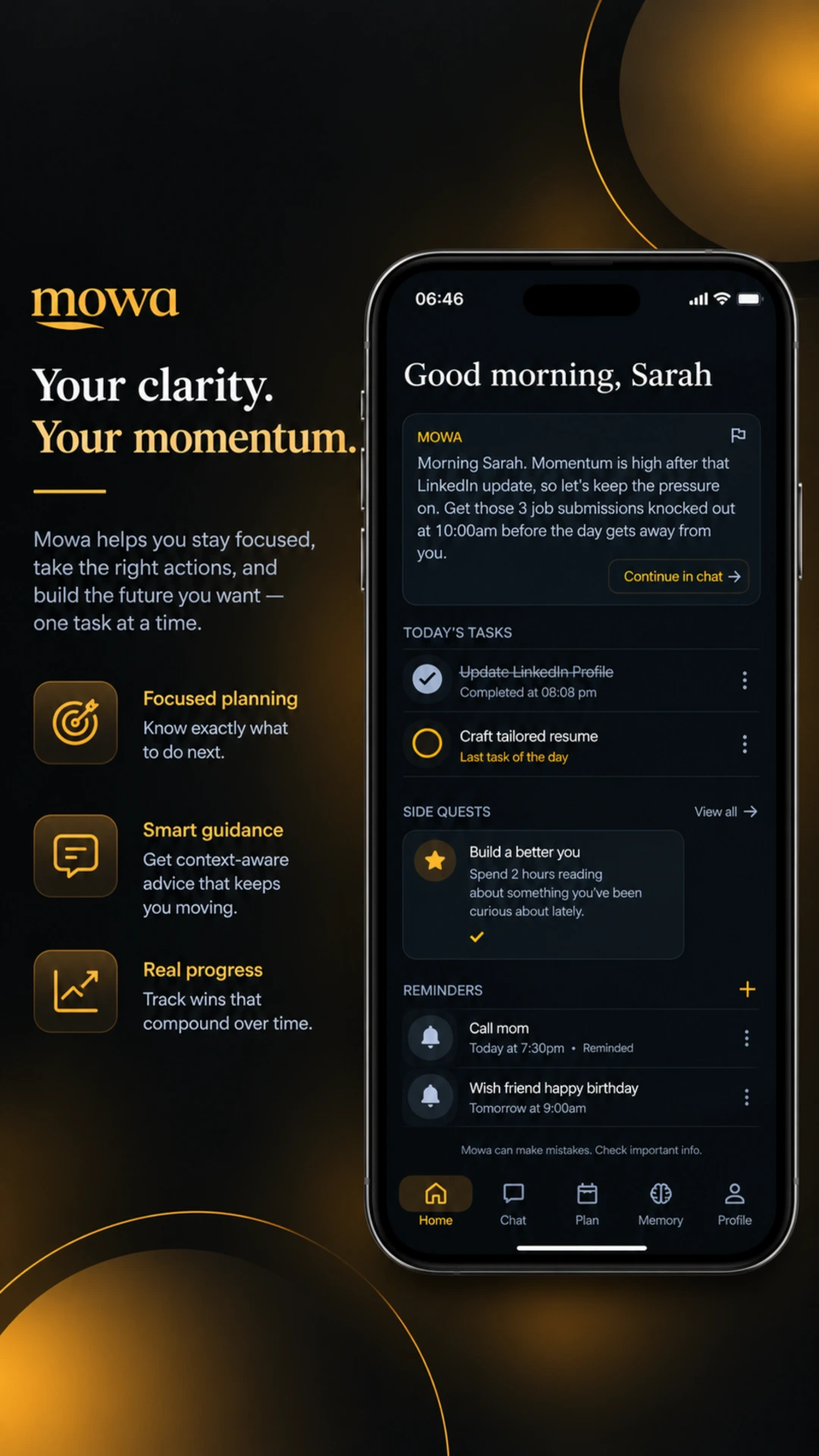 Mowa's home screen, with a check-in from Mowa at the top