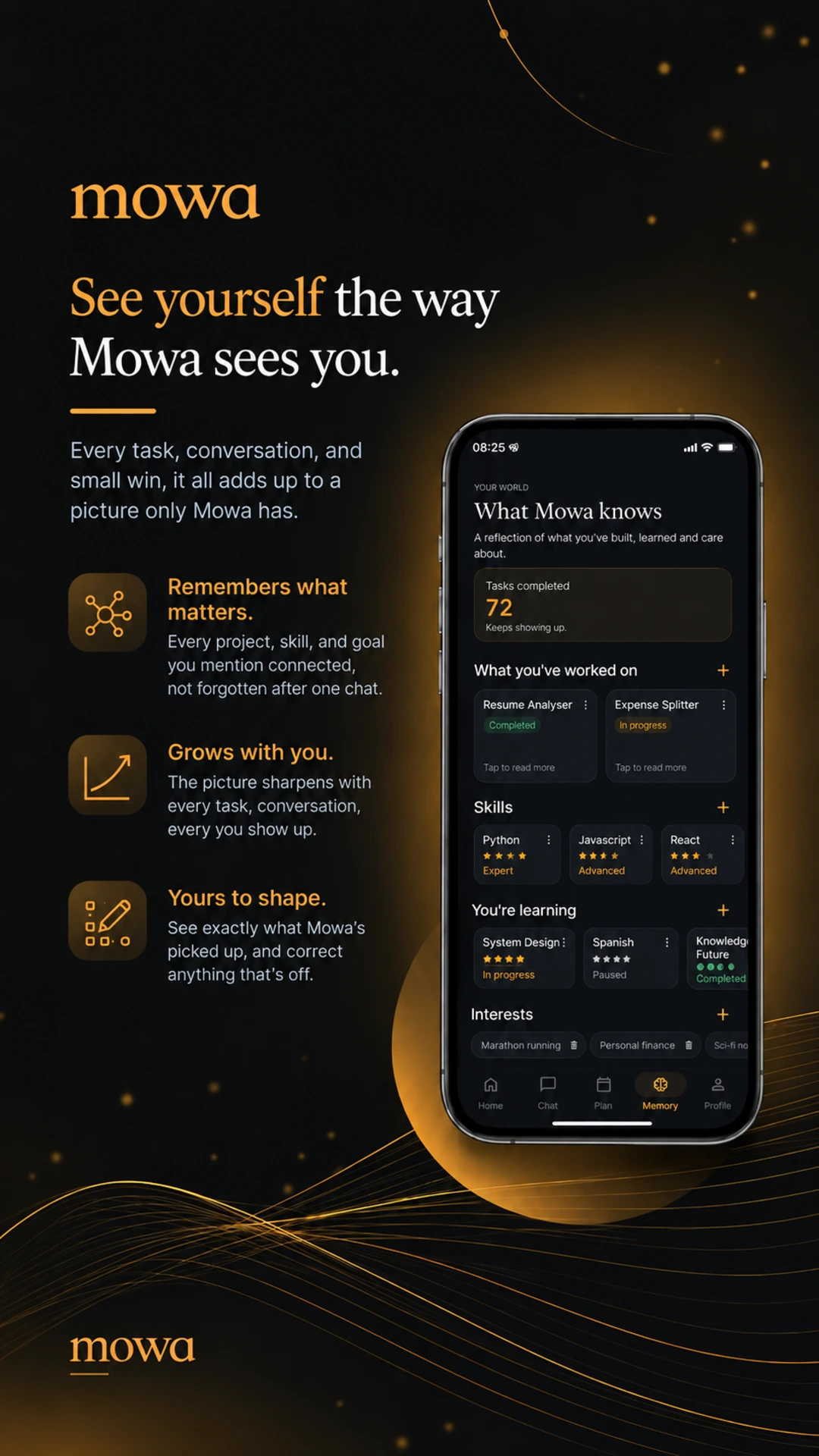 Mowa's Memory screen with projects, skills and learning