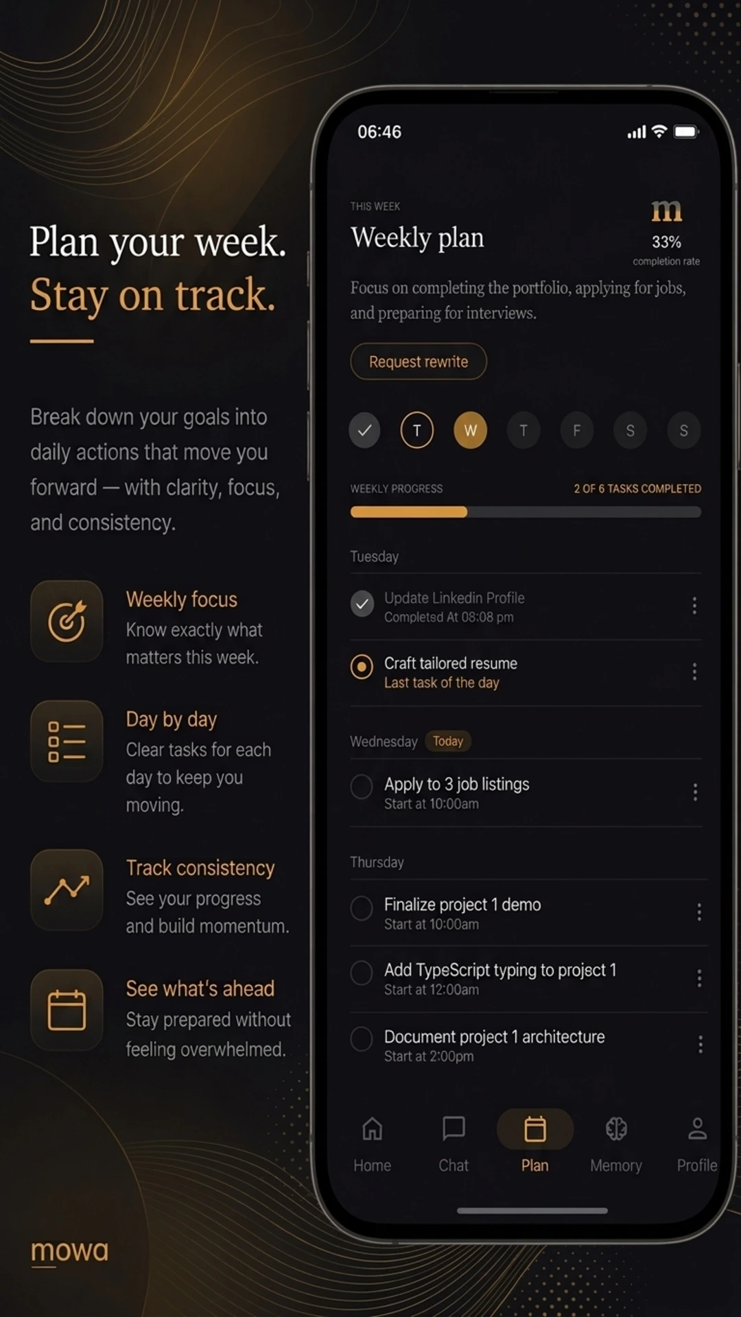 Mowa's home screen, showing today's tasks